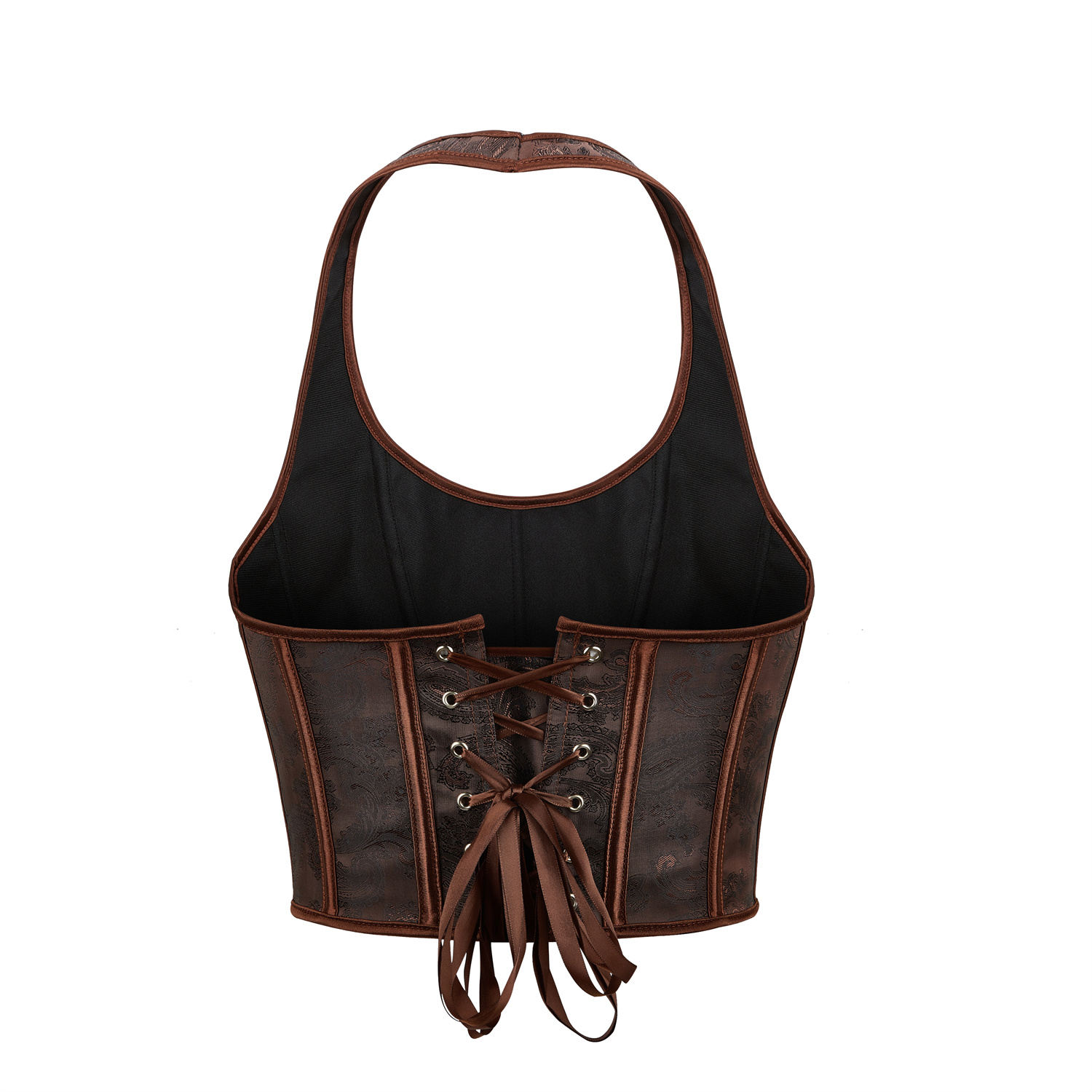 Womens Vintage Halter Lace-Up Corset Top - Brown Jacquard Bustier